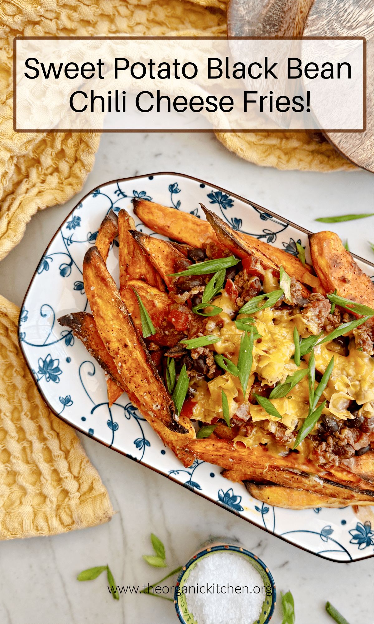 Sweet Potato-Black Bean Chili Cheese Fries Sweet Potato-Black Bean Chili Cheese Fries garnished with herbs on a blue and white plate with a small bowl of sea salt