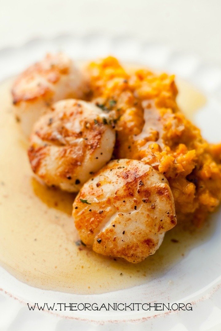 Three Seared Scallops with Butternut Squash Puree drenched in brown butter