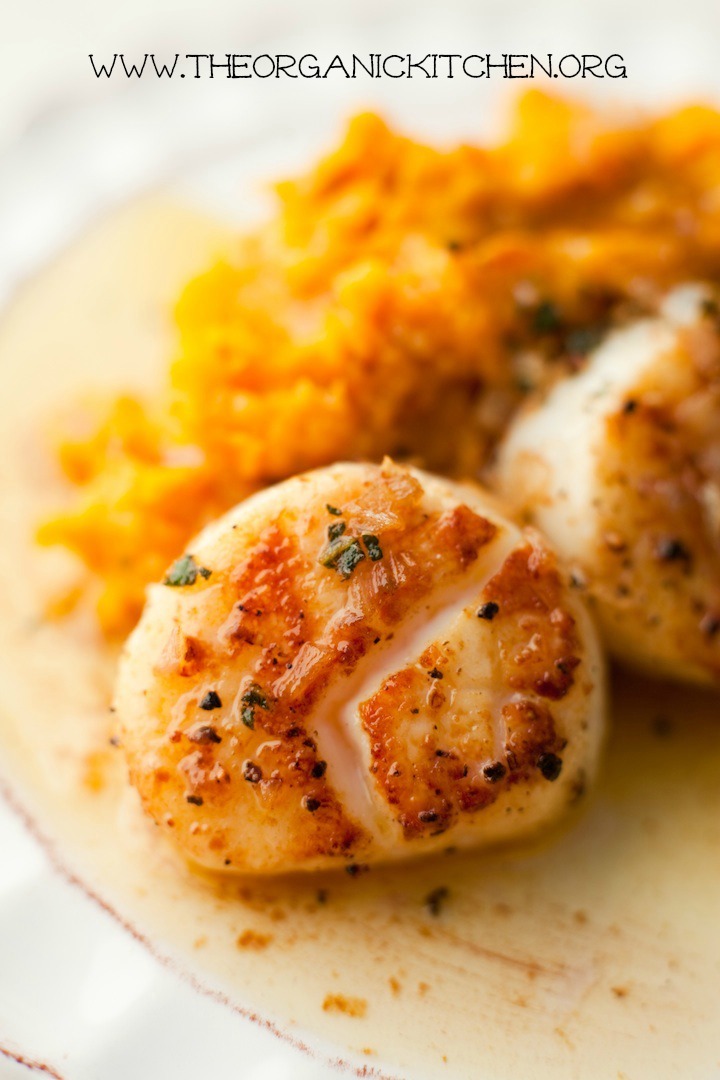 Seared Scallops with Butternut Squash Puree- paleo, gluten free garnished with brown butter and sage