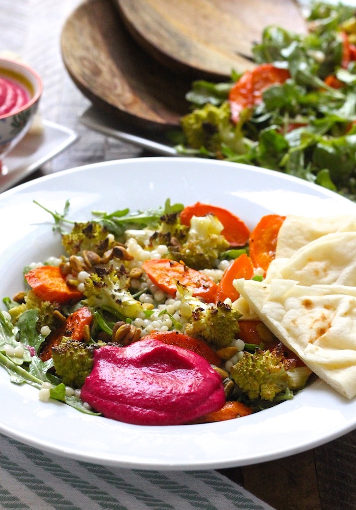 Roasted Carrot and Romanesco Salad with Beet Hummus!