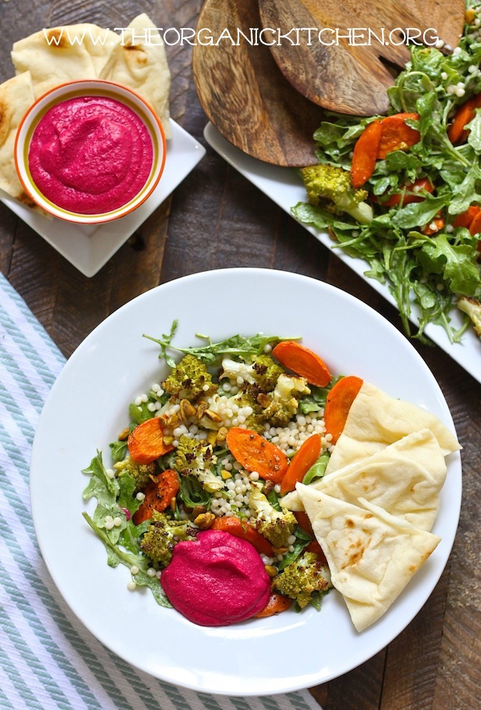 Roasted Carrot and Romanesco Salad with Beet Hummus!