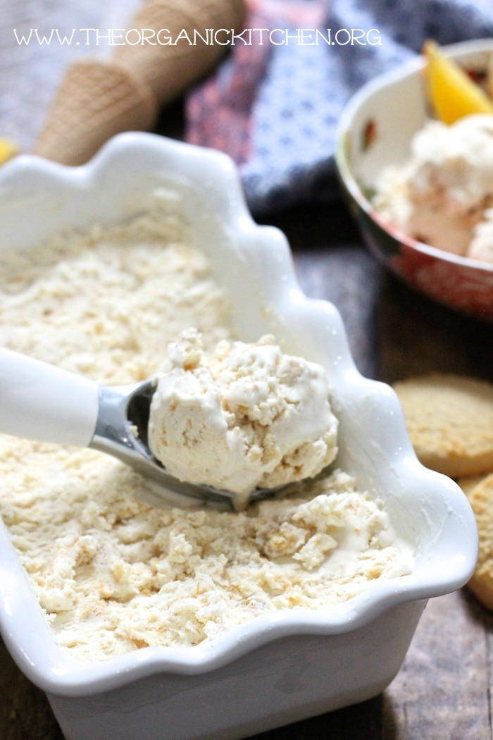 Orange-Shortbread Cookie 'No Churn' Ice Cream in white dish with an ice cream scooper