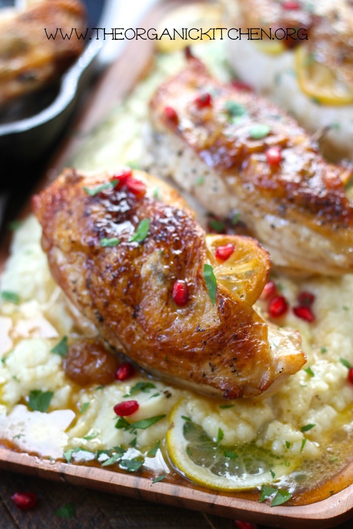 Golden Paleo Roast Lemon Chicken with Maple Cauliflower Purée drenched in butter!