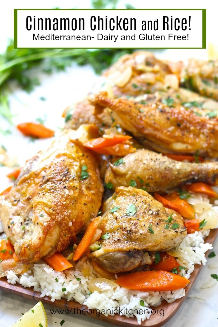 Cinnamon Chicken and Rice~Gluten and Dairy Free on a wooden platter with parsley in the background