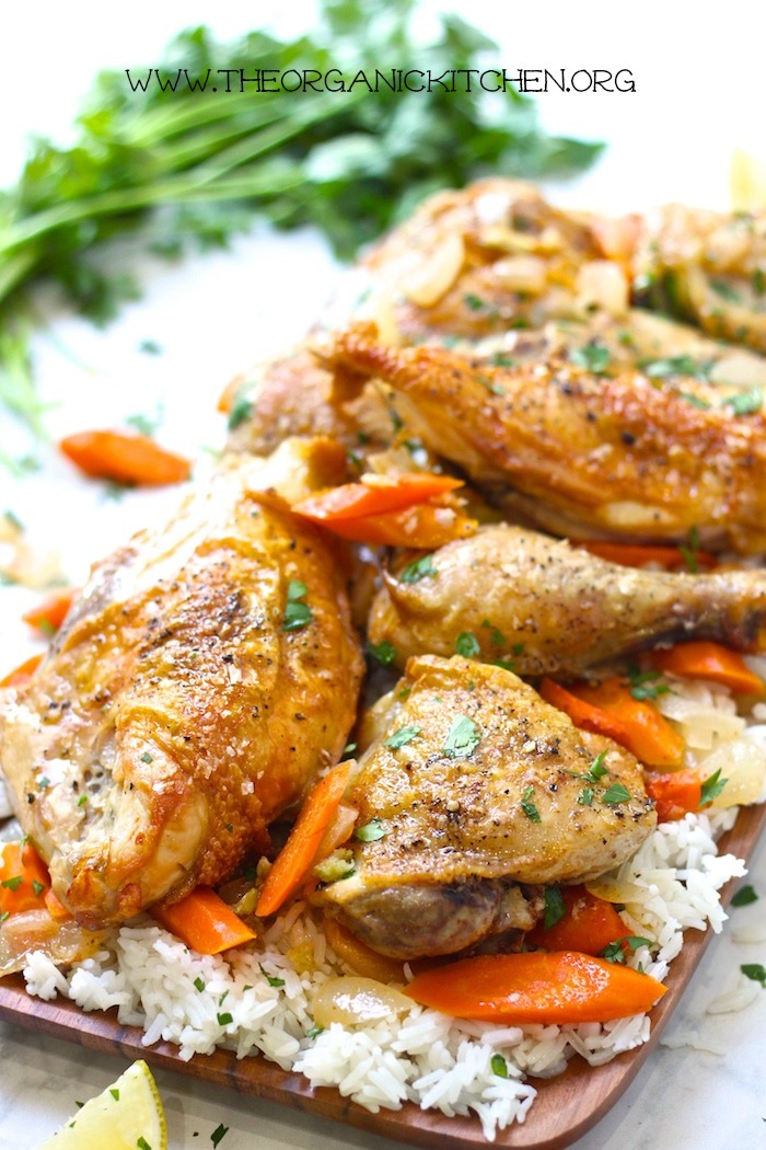Golden Cinnamon Chicken and Rice~Gluten and Dairy Free on platter with carrots