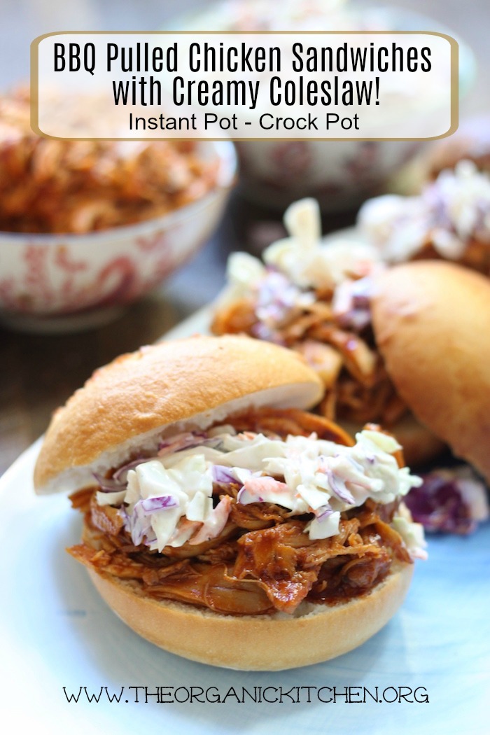 BBQ Pulled Chicken Sandwiches with Creamy Coleslaw on blue platter