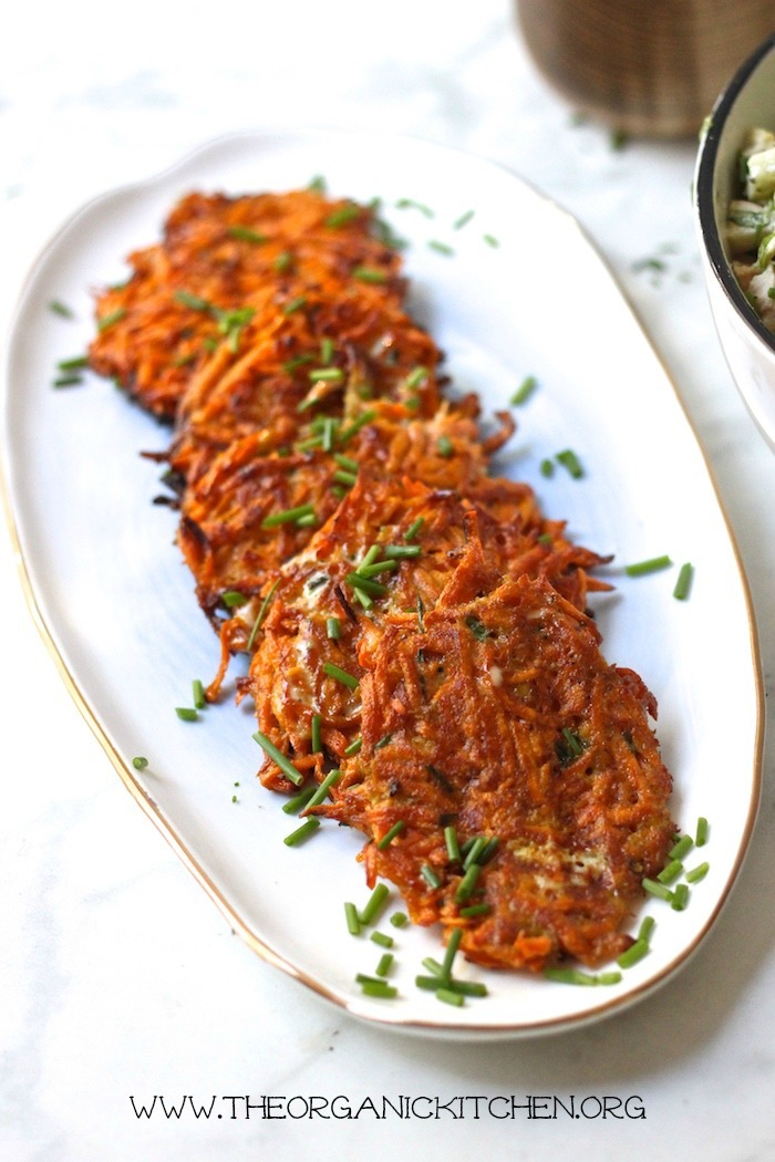 Easy Sweet Potato Fritters-Paleo/Whole 30 on blue platter 