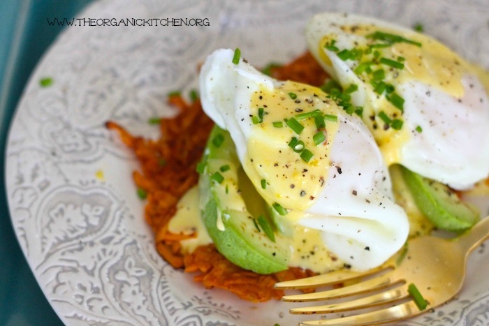 Easy Sweet Potato Fritters-Paleo/Whole 30 served with poached eggs and avocado