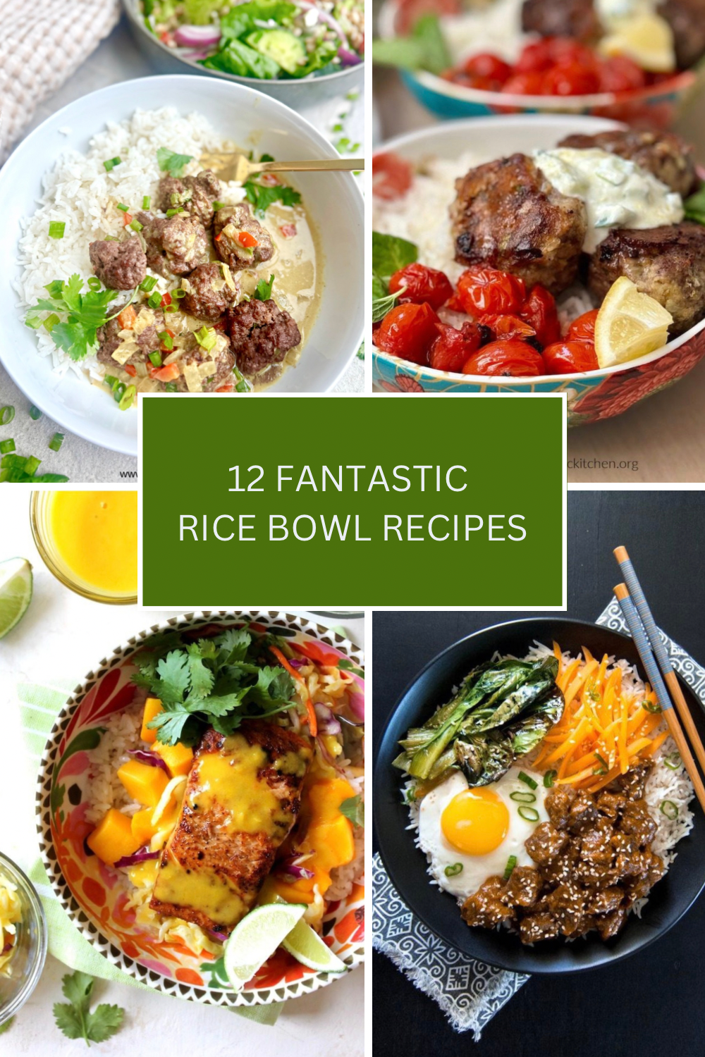 12 Fantastic Rice Bowl Recipes! A collage of four different rice bowl recipes for 12 Fantastic Rice Bowl Recipes!