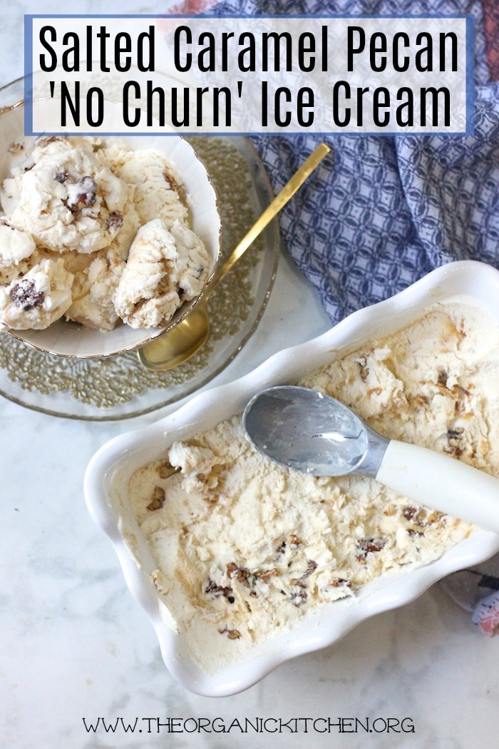 Salted Caramel Pecan 'No Churn' Ice Cream in white dishes with ice cream scooper
