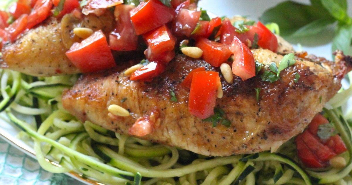 Chicken Bruschetta and Zoodles Whole 30/Paleo The Organic Kitchen Blog and Tutorials