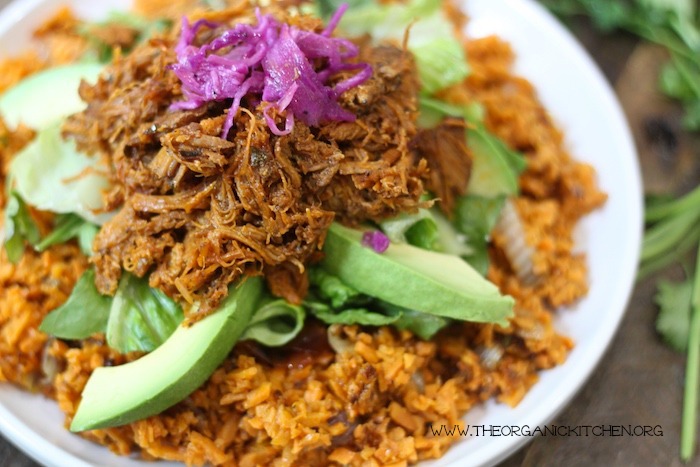 Colorful Pulled Pork over Mexican Sweet Potato Rice-Paleo/Whole30 on white plate served with sliced avocado