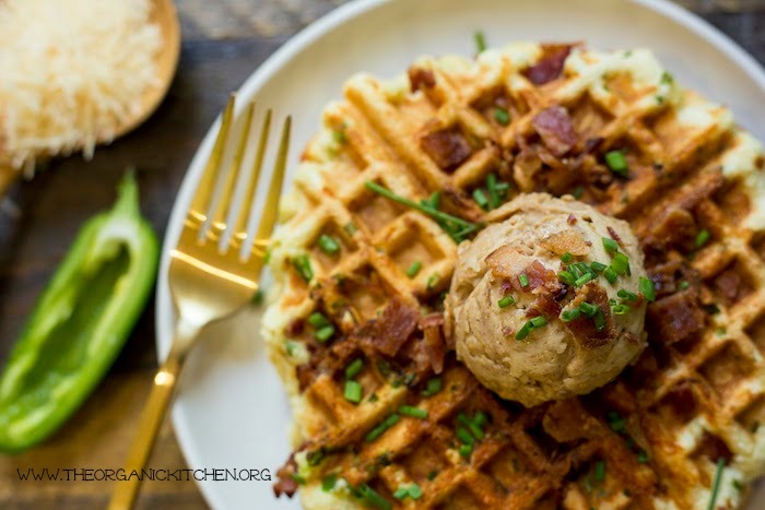 Parmesan Chive Jalapeño Waffles with Maple Cinnamon Butter (Paleo Option) #parmesanchivewaffles #paleowaffles #glutenfreewaffls #maplecinnamonbutter #savorywaffles