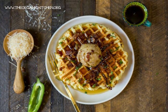 Parmesan Chive Jalapeño Waffles with Maple Cinnamon Butter (Paleo Option) #parmesanchivewaffles #paleowaffles #glutenfreewaffls #maplecinnamonbutter #savorywaffles