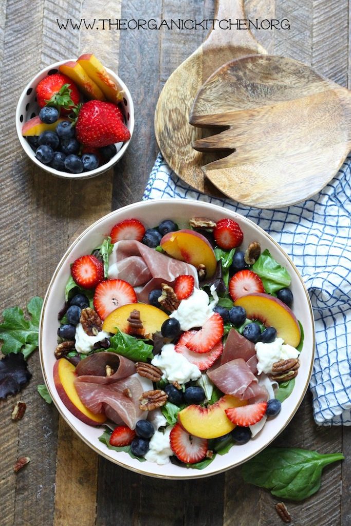 Peach, Berry, Burrata and Prosciutto Salad! #peachsalad #burratasalad #easydinner #glutenfree #balsamic glaze