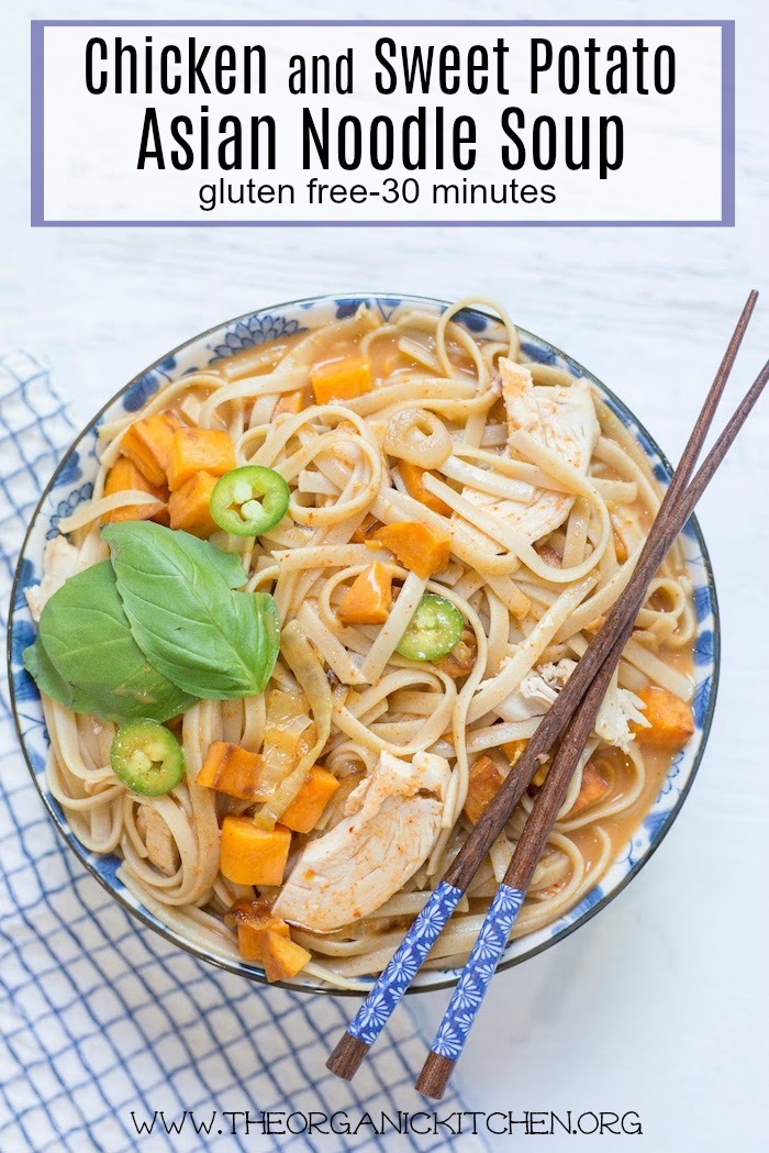 Chicken and Sweet Potato Asian Noodle Soup in blue bowl with chopsticks 