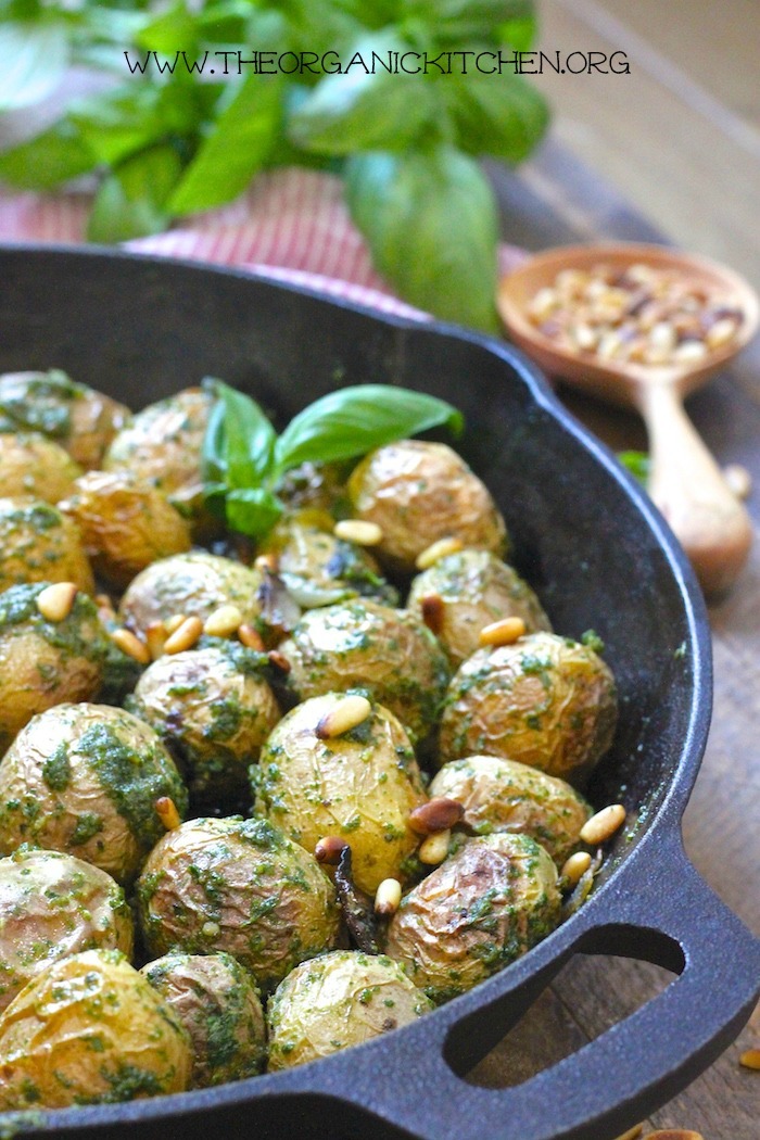 Roasted Baby Potatoes with Pesto: Traditional and Whole30, dairy free, vegan option in black skillet