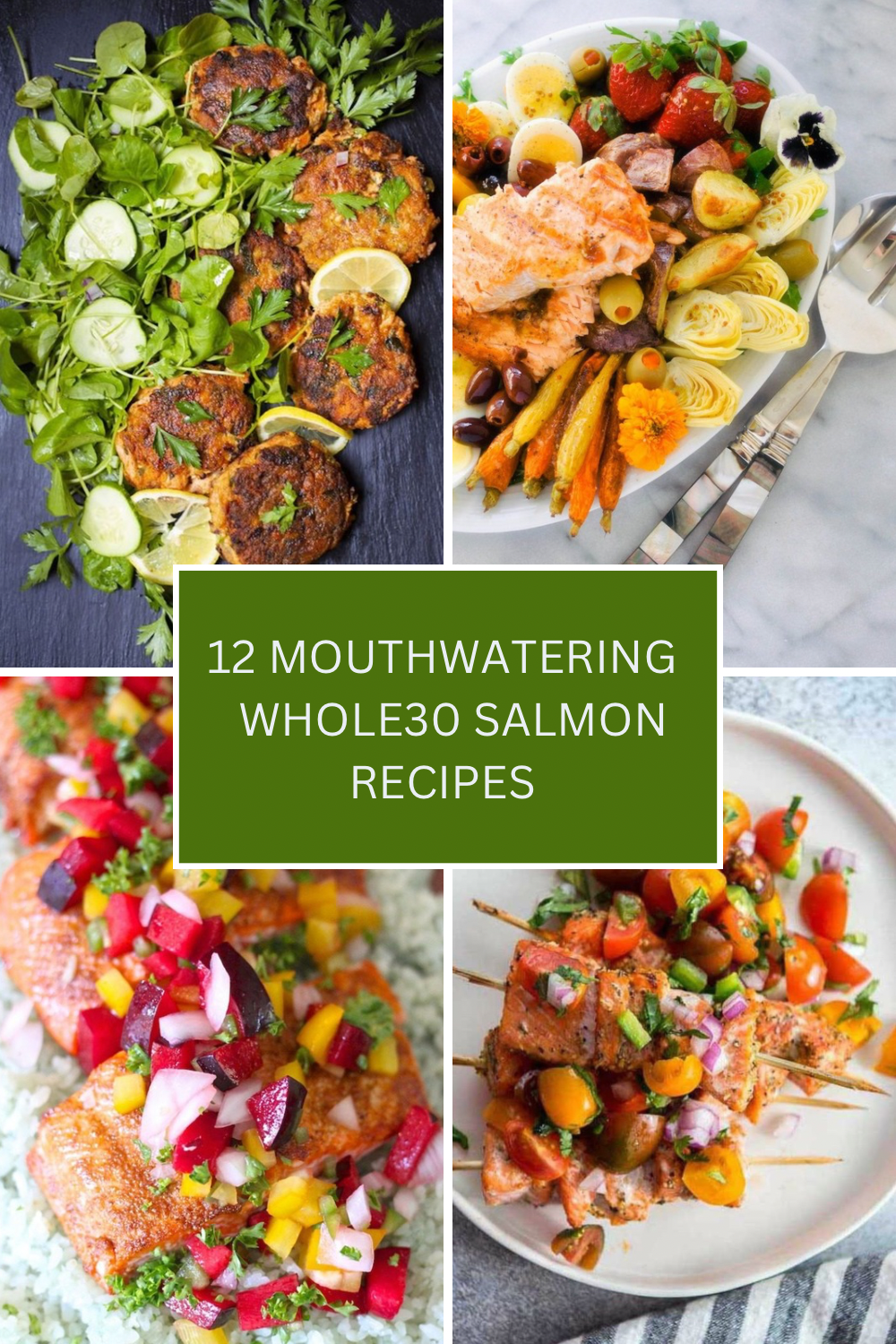 A collage of four photos of salmon recipes for 12 Mouthwatering Whole30 Salmon Dinner Recipes