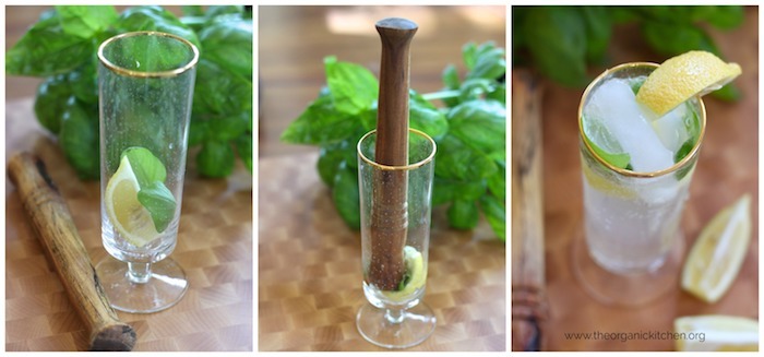 Three photos showing how to make the Lemon Basil Spritzer~ Non Alcoholic "Mocktail" 