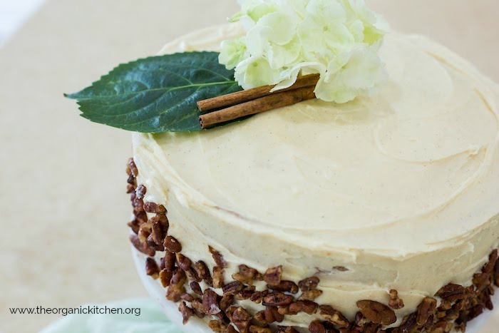 French Cream Cake with Maple Cream Cheese Frosting and Cinnamon Pecans