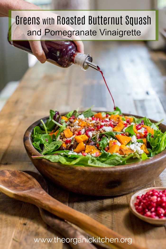 Greens with Butternut Squash and Pomegranate Vinaigrette! #butternutsquash #salad #glutenfree #pomegranatevinaigrette #sundanceutah