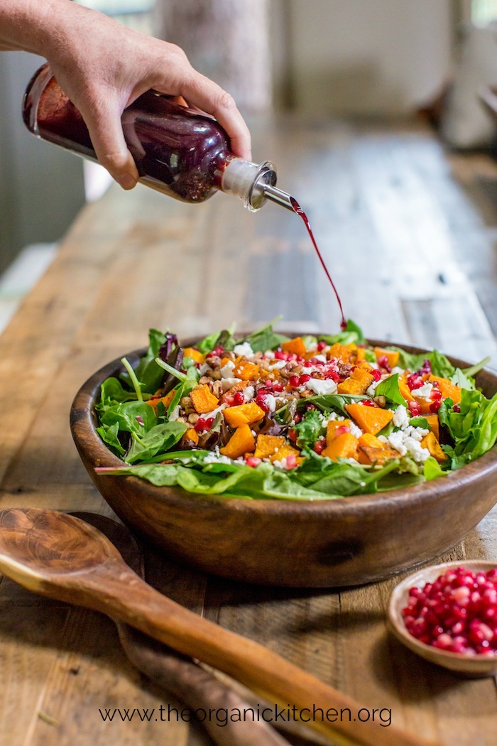 Greens with Roasted Butternut Squash and Pomegranate Vinaigrette!