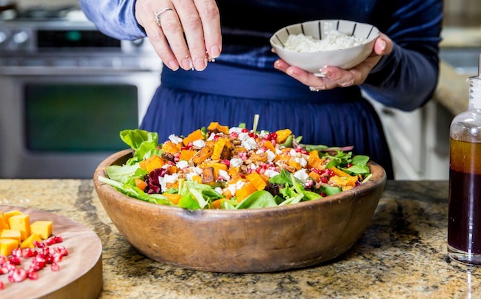 Greens with Butternut Squash and Pomegranate Vinaigrette! #butternutsquash #salad #glutenfree #pomegranatevinaigrette #sundanceutah