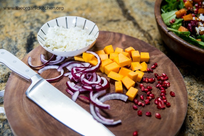 Greens with Butternut Squash and Pomegranate Vinaigrette! #butternutsquash #salad #glutenfree #pomegranatevinaigrette #sundanceutah