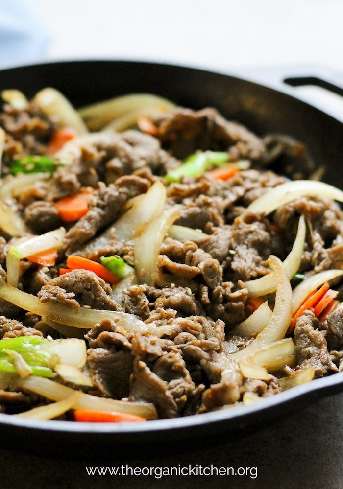 Paleo/Whole40 Korean BBQ Beef (Bulgogi) in a black cast iron skillet