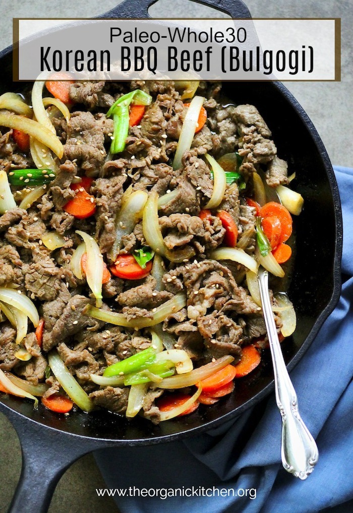 Paleo/Whole40 Korean BBQ Beef (Bulgogi) in bvlack skillet on blue cloth