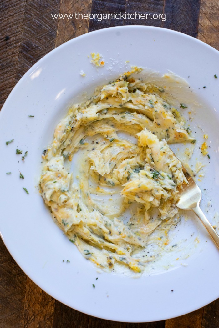 Butter mixture in a white bowl to be used for Citrus and Herb Roast Chicken ~ Any Day or Holidays! 