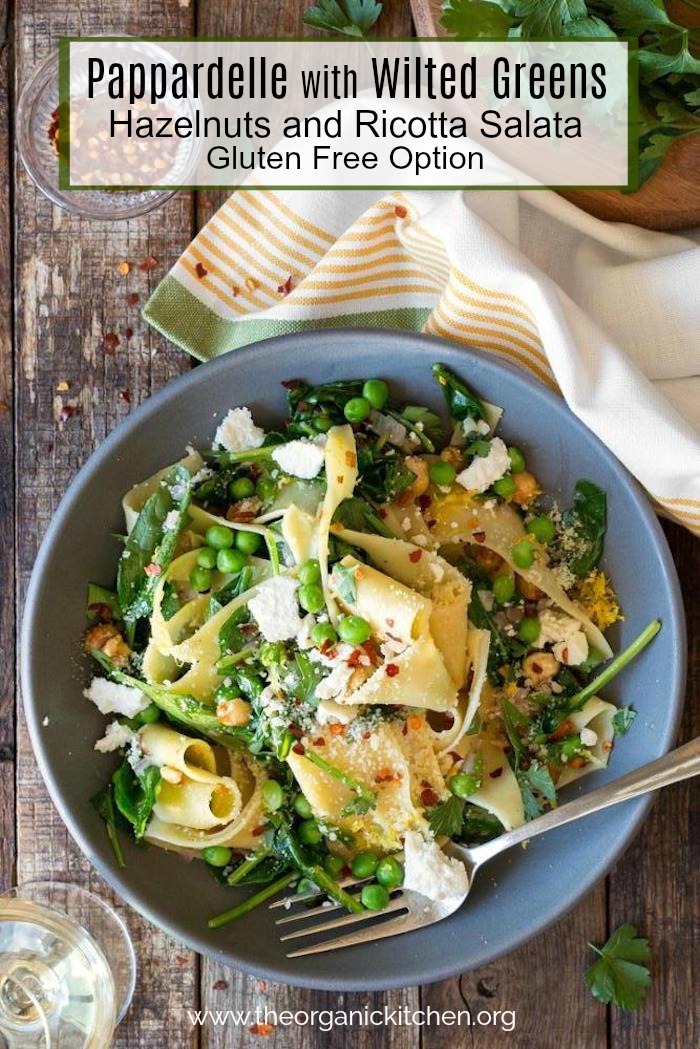 Pappardelle with Wilted Greens (Gluten Free Option) on blue plate with silver fork