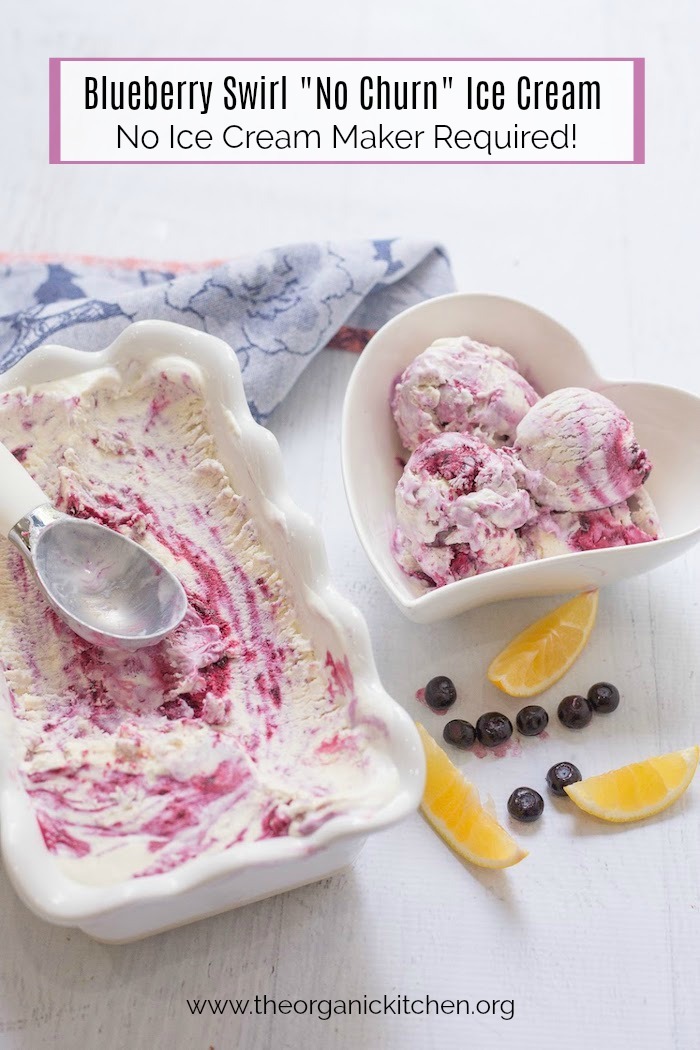 Homemade Blueberry Swirl 'No Churn' Ice Cream in white dishes