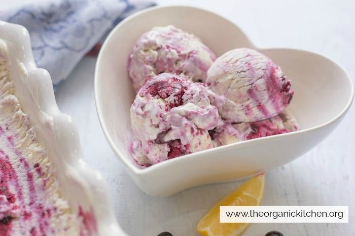 Blueberry Swirl 'No Churn' Ice Cream in a heart shaped bowl