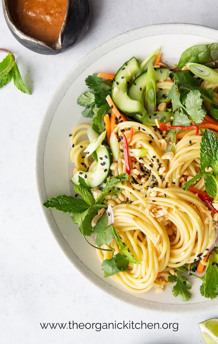 Spring Roll Spaghetti Bowl (Grain Free Option!) on plate, garnished with mint
