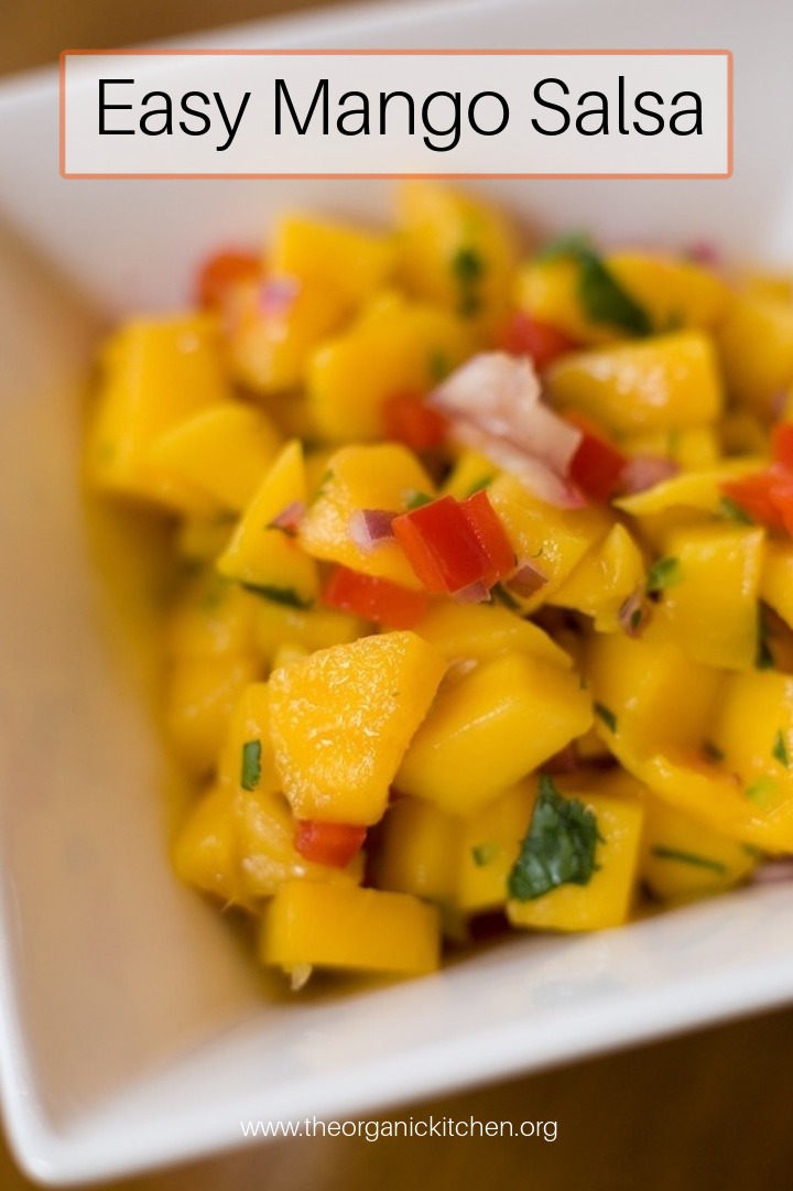 Easy Mango Salsa! in white bowl 