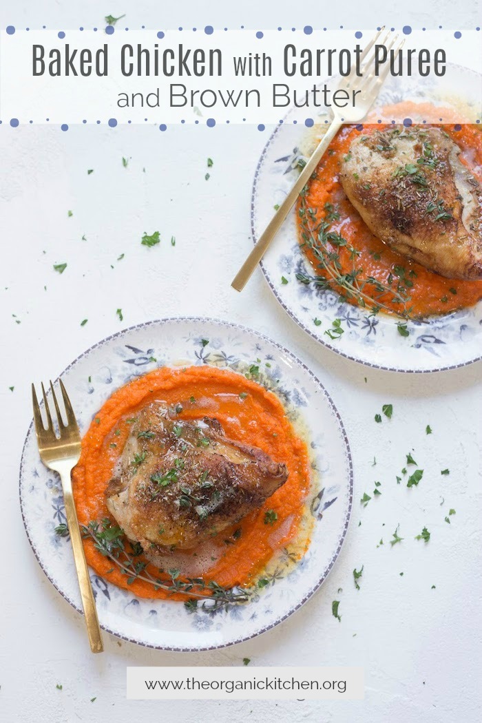 Herbed Chicken Breast with Carrot Purée and Brown Butter on blue and white plates with gold forks