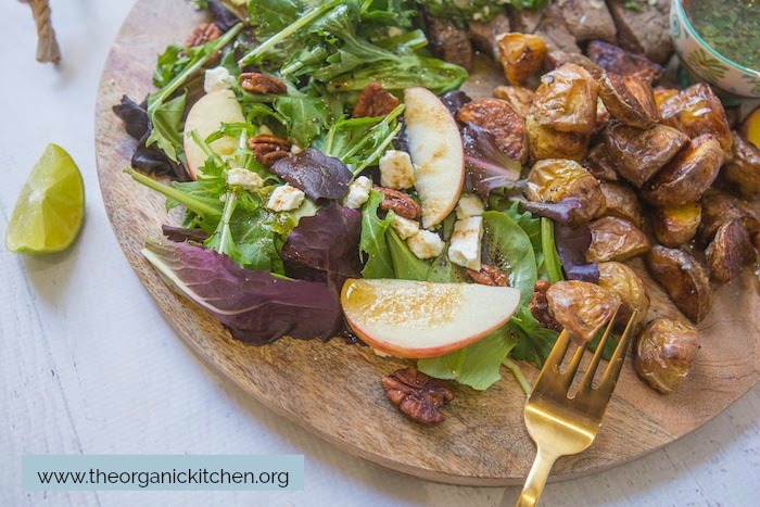 A close up of the salad on the Chimichurri Steak, Potato and Salad Board 