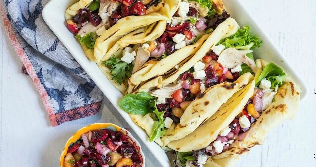 Grilled Naan Chicken Salad Wraps with Cherry Salsa