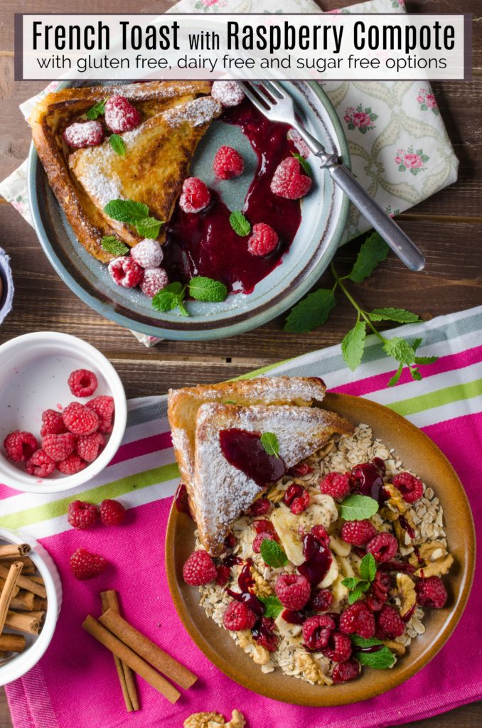 French Toast with Raspberry Compote on tables surrounded by berries and cinnamon sticks