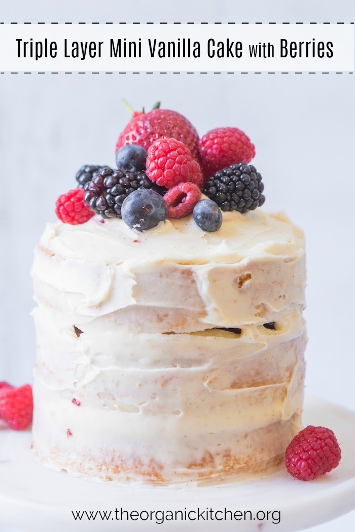 Mini Vanilla Cake with Buttercream and Berries on marble cake plate