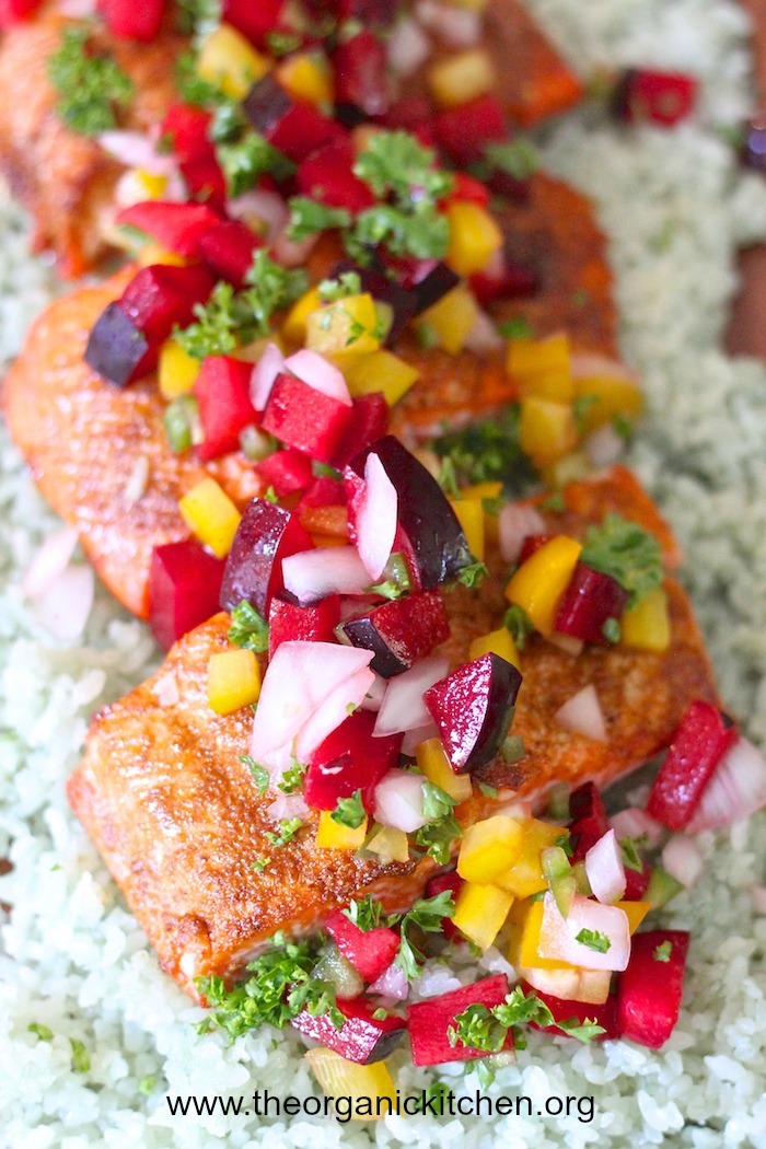 Spicy Salmon with Plum Salsa on bed of cauliflower rice