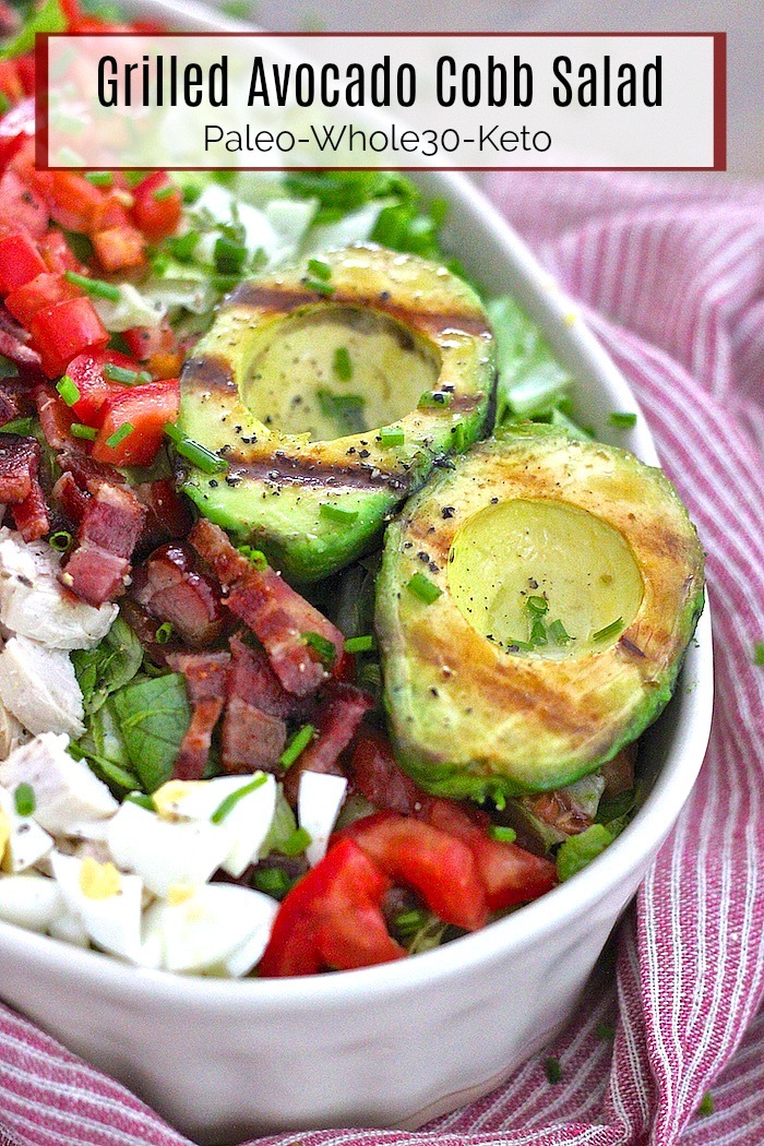 Grilled Avocado Cobb Salad (Keto-Paleo-Whole30) in white bowl on red and white cloth