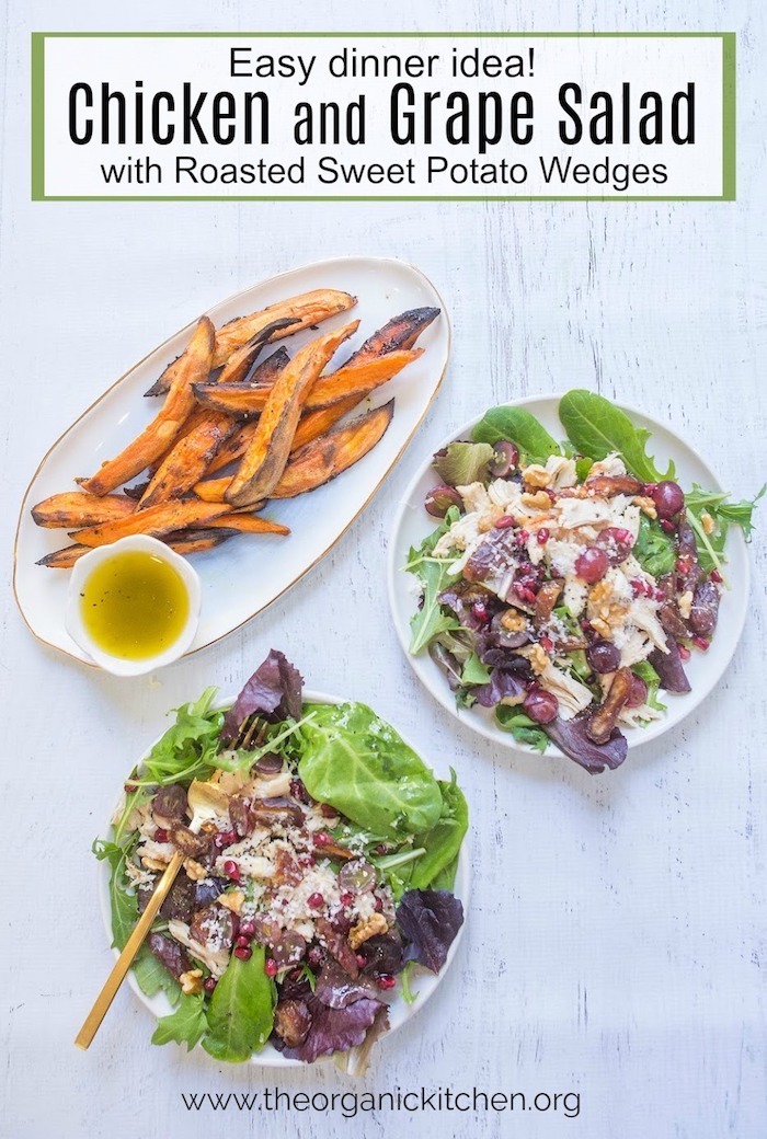 Two plates of Chicken and Grape Salad with Roasted Sweet Potatoes on white wood backdrop