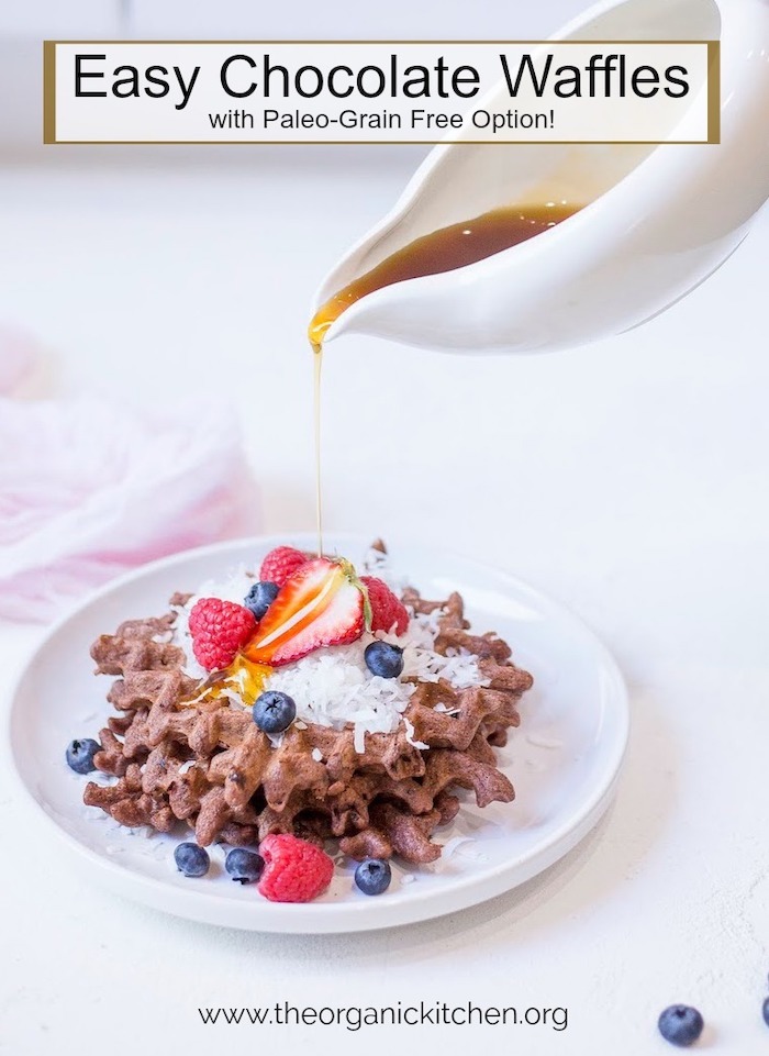 Easy Chocolate Waffles with Paleo-Grain Free Option on a with plate with syrup being drizzled on top