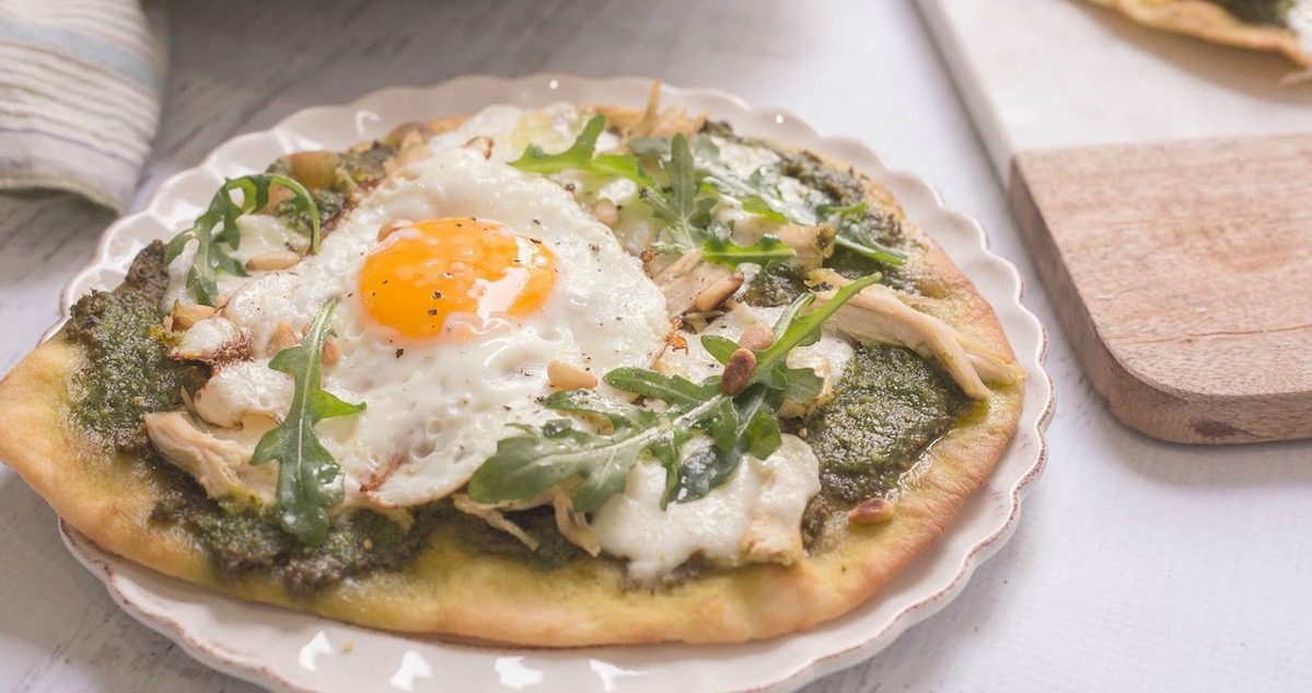 Chicken Pesto Burrata Naan Pizza with Fried Egg!