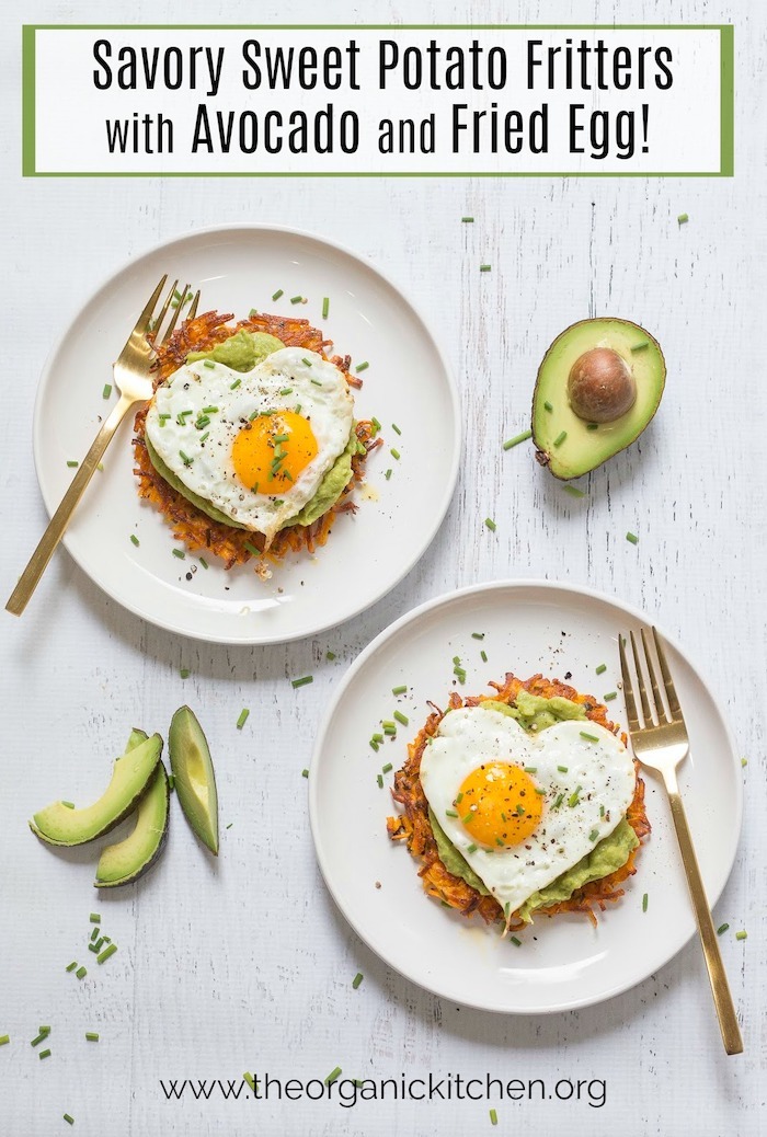 Two plates of Savory Sweet Potato Fritters with Avocado and Fried Eggs on white surface with scattered chives and avocado slices