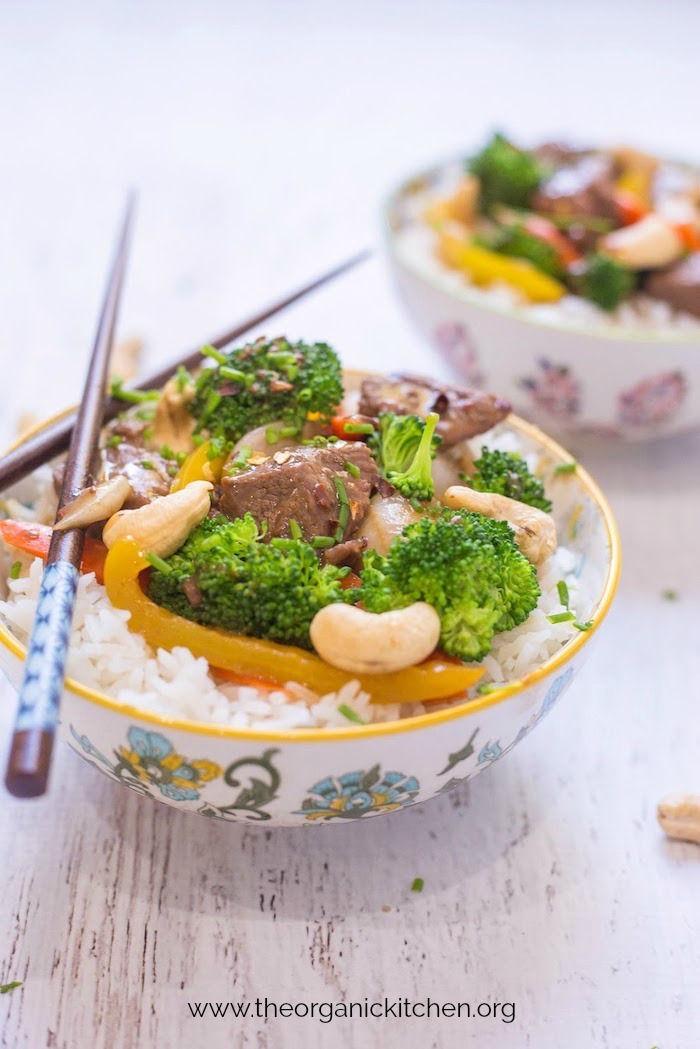 Thai Beef and Broccoli Rice Bowl on white table
