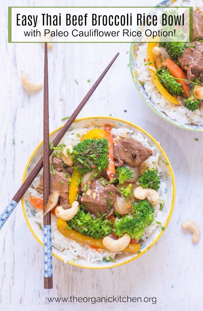 Thai Beef and Broccoli Rice Bowls with chop sticks on white table