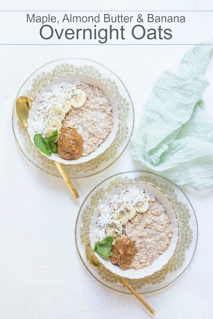 Two bowls of Maple, Almond Butter and Banana Overnight Oats with gold spoons on serving plates